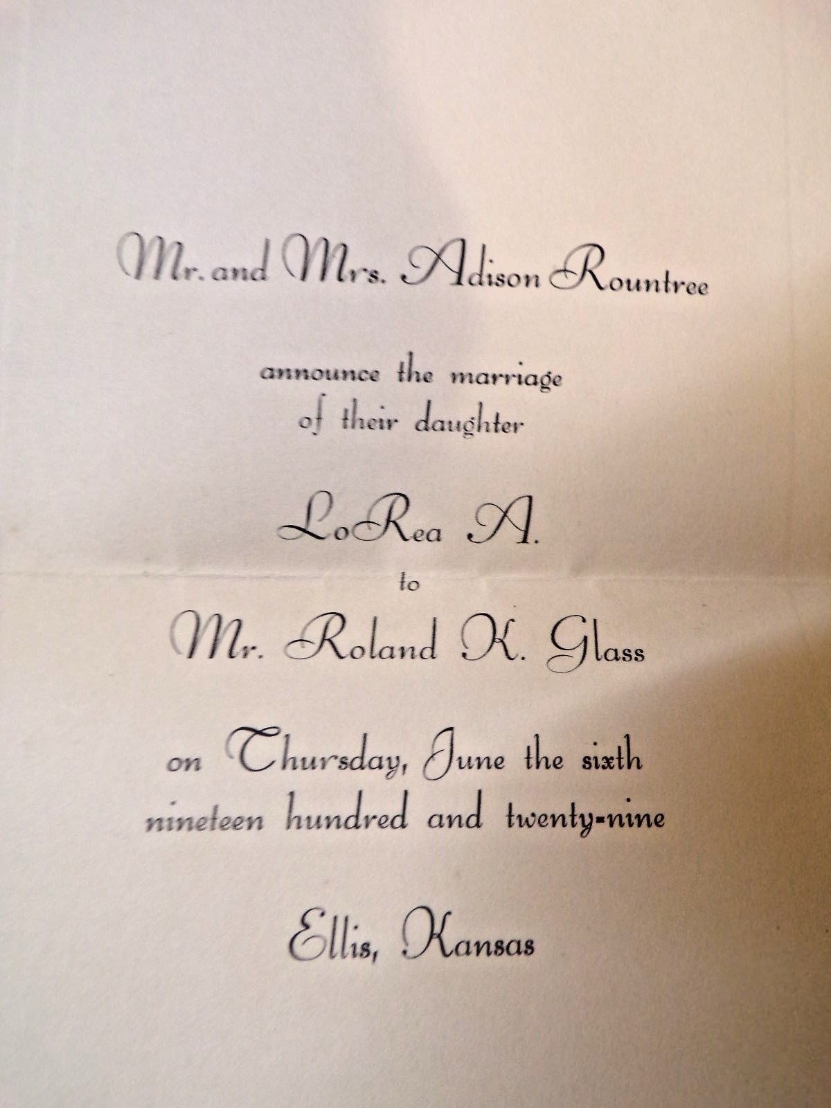 1929 Ellis Kansas Wedding Invitation LoRea Rountree & Roland Glass