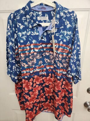TOMMY BAHAMA Big & Tall Veracruz Cay Flora and Stripes Camp Shirt, XL $128 MSRP