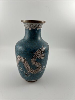 Antique China Cloisonne Copper Enameled Vase Dragons Design Asian