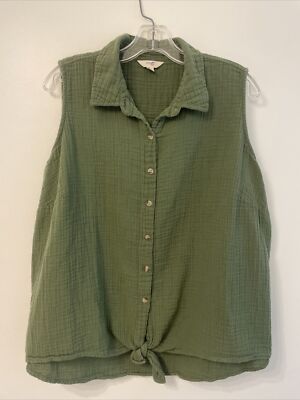 TERRA & SKY Olive Green Cotton V-Neck  Sleeveless Top-Sz 0X (14W)-