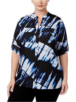 

CALVIN KLEIN Женский синий топ без подкладки с рукавами-рулонами и V-образным вырезом на пуговицах Plus