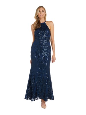 NIGHTWAY Womens Navy Padded Cups Lined Sleeveless Full-Length Gown Dress 12