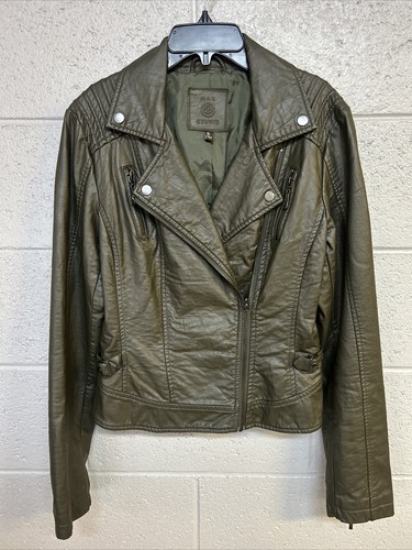 Max Studio Olive Green Vegan Leather Biker Jacket Women’s Size S (120708)