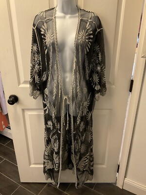 Francesca s NWT Sheer Cover-up/negligee Black Lace W/white Embroidery Sz L/XL