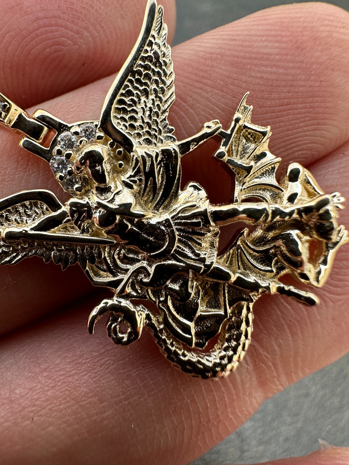 Pre-owned Hip Hop Real Diamond Saint Michael Archangel Pendant Solid 14k Gold Necklace Pendant In White