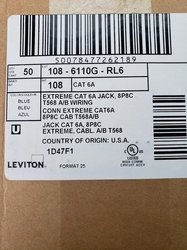 Leviton Extreme Cat6A Jack Blue Box of 50