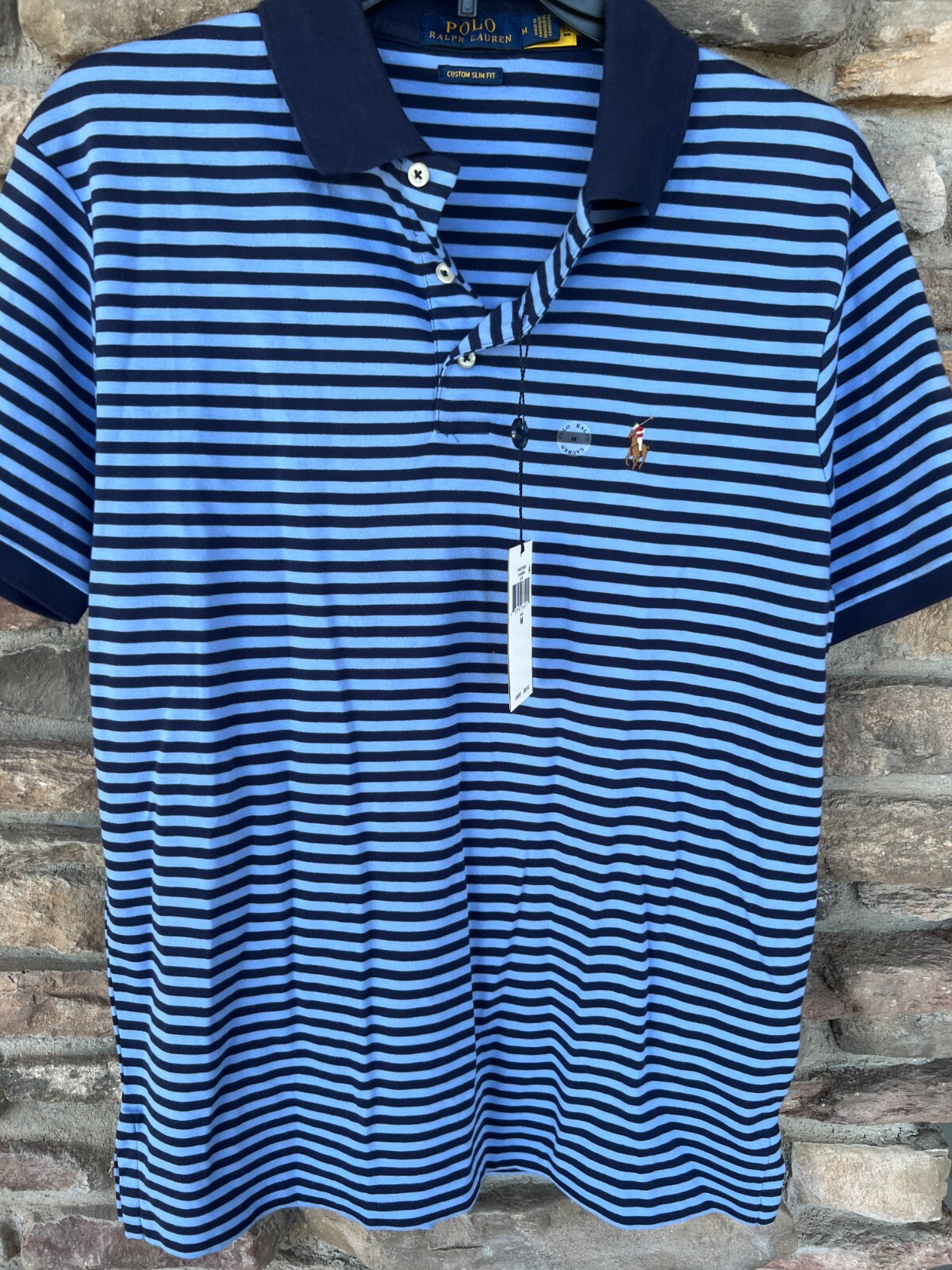 RALPH LAUREN Men's Blue Striped SS Custom Slim Fit Cotton