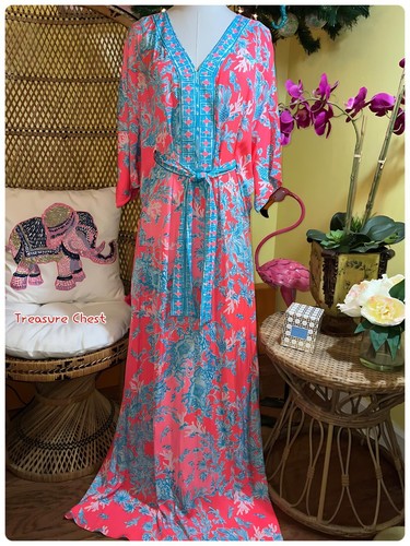 Pre-owned Lilly Pulitzer Carmynn Maxi Caftan Coral Spritz Shelly Bay Size Xs,s,m ? In Multicolor