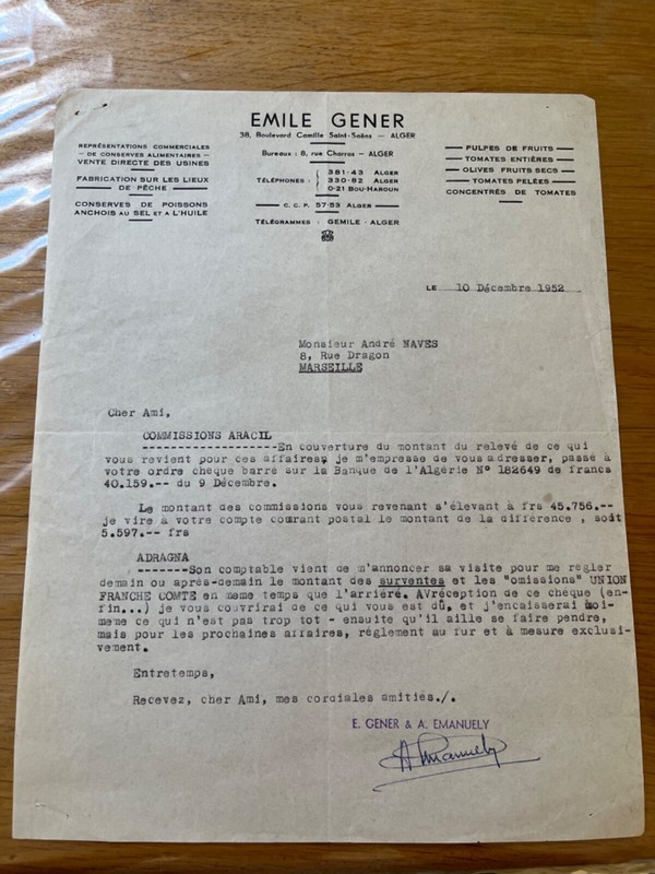 Facture Emile Gener Anchois Alger Marseille 1952