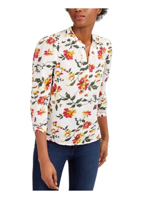 

Женский белый топ на пуговицах LUCKY BRAND с рукавом 3/4 и V-образным вырезом на пуговицах