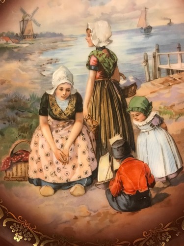 Antique Royal Vienna Hand Painted Plate Dutch Windmill Sail Boat Woman Children