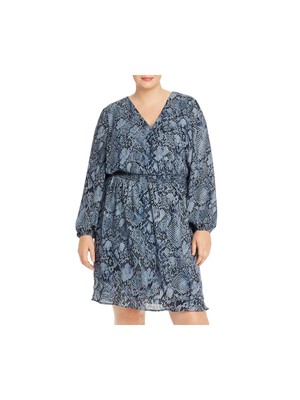 Женское темно-синее платье-блузон цвета морской волны с длинным рукавом и V-образным вырезом выше колена цвета Морской волны Плюс 2X