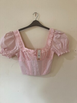 Boux Avenue Powder Pink Ribbon Slot Crop Top, Puff Sleeves, Sz 8, BNWT, RRP £50