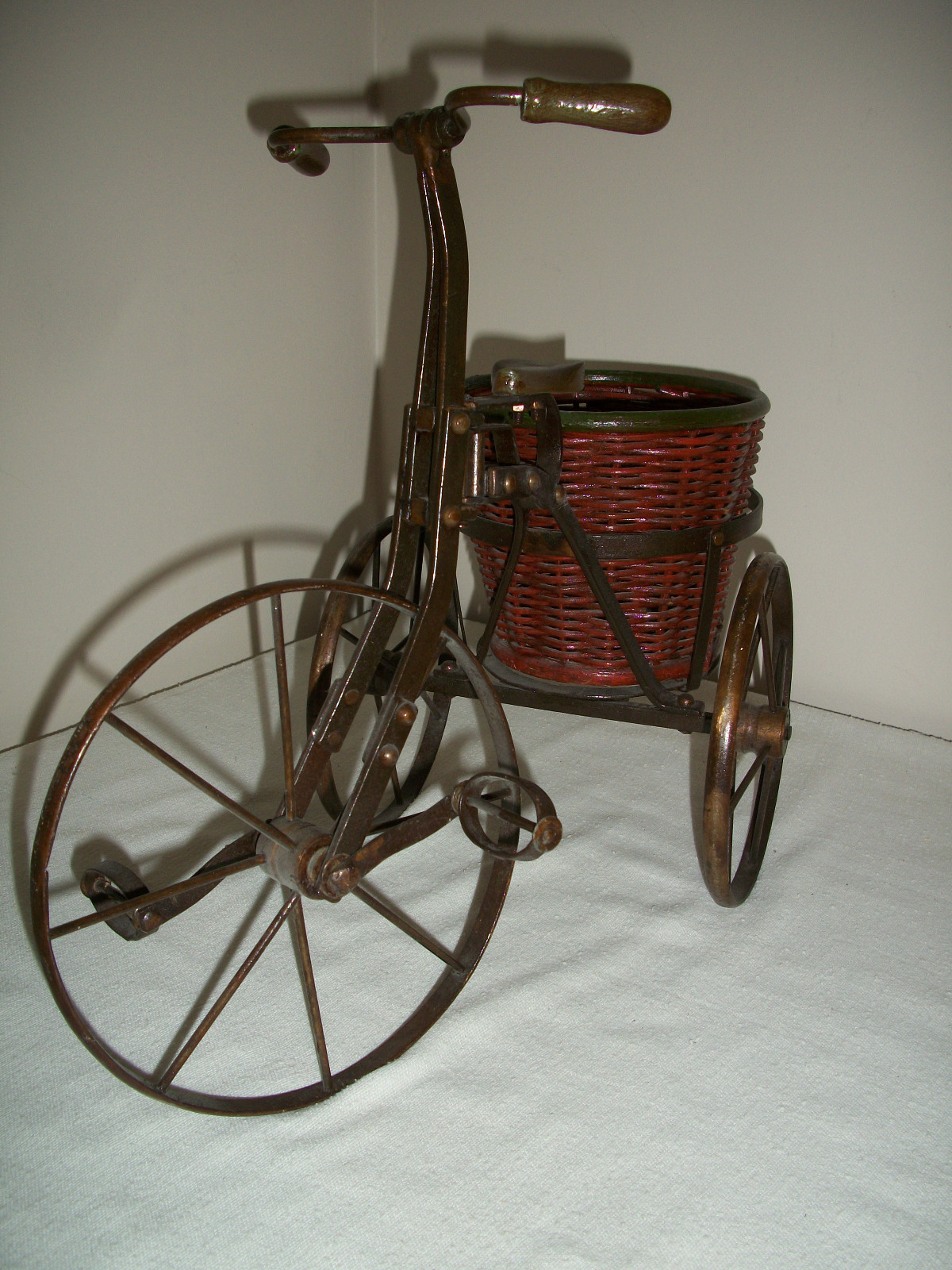 Vintage Metal Wood Tricycle Wicker Basket Planter w/Wood Seat, Handles, Wheels
