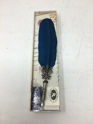 FRANCESCO RUBINATO Ink Pen Set Feather Quill Blue & ink bottle