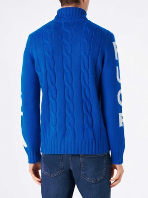 Pre-owned Mc2 Saint Barth Man Turtleneck Braided Sweater With Fuori Pista Print In Blue