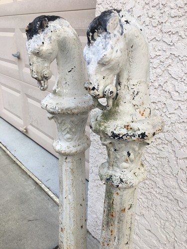 Antique 1880’s Matching Pair Cast Iron Horse Head Hitching Posts Fancy