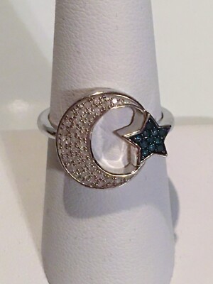 NWT MOON & STAR, BLUE & WHITE DIAMOND RING SIZE 8 (0.25 CTW) 925 STERLING SILVER