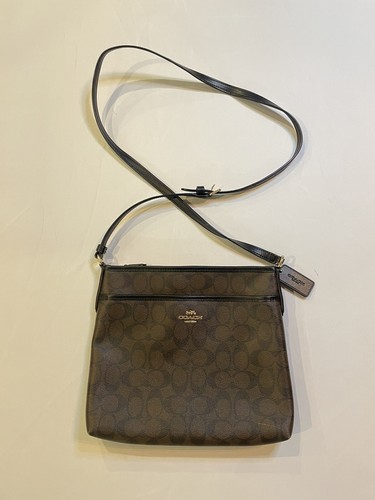 Coach Signature Crossbody Purse Zip File Brown Black