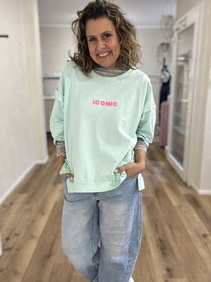 Oversized Basic Sweater Mintgrün "ICONIC" Neon Front-& Backprint Onesize (H3)
