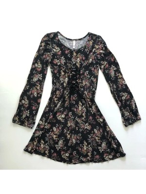 Женское черное платье-сорочка XHILARATION с цветочным рисунком и длинным рукавом и круглым вырезом горловины, короткое платье-сорочка M