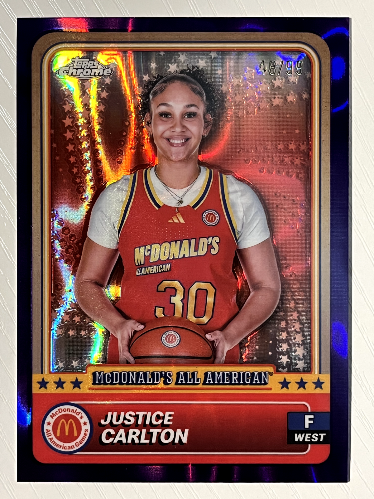 Justice Carlton 2024 Topps Chrome McDonald's AA Purple Lava Refractor 48/99