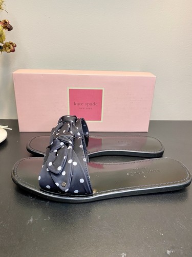 NEW Kate Spade New York Bikini Bow Slide Sandals Black Polka Dots Size 7 10.5