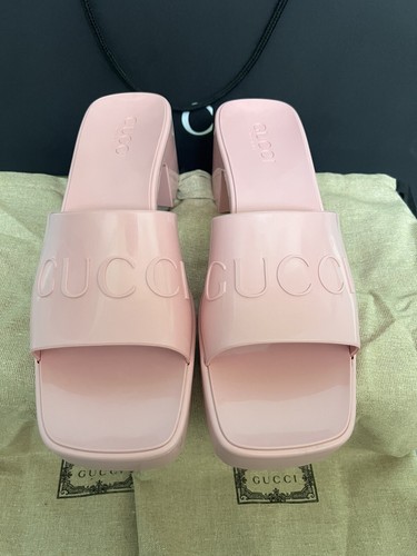 Pre-owned Gucci Women's Block Heel Platform Logo Slide Sandals Pink Rubber Slip On 39