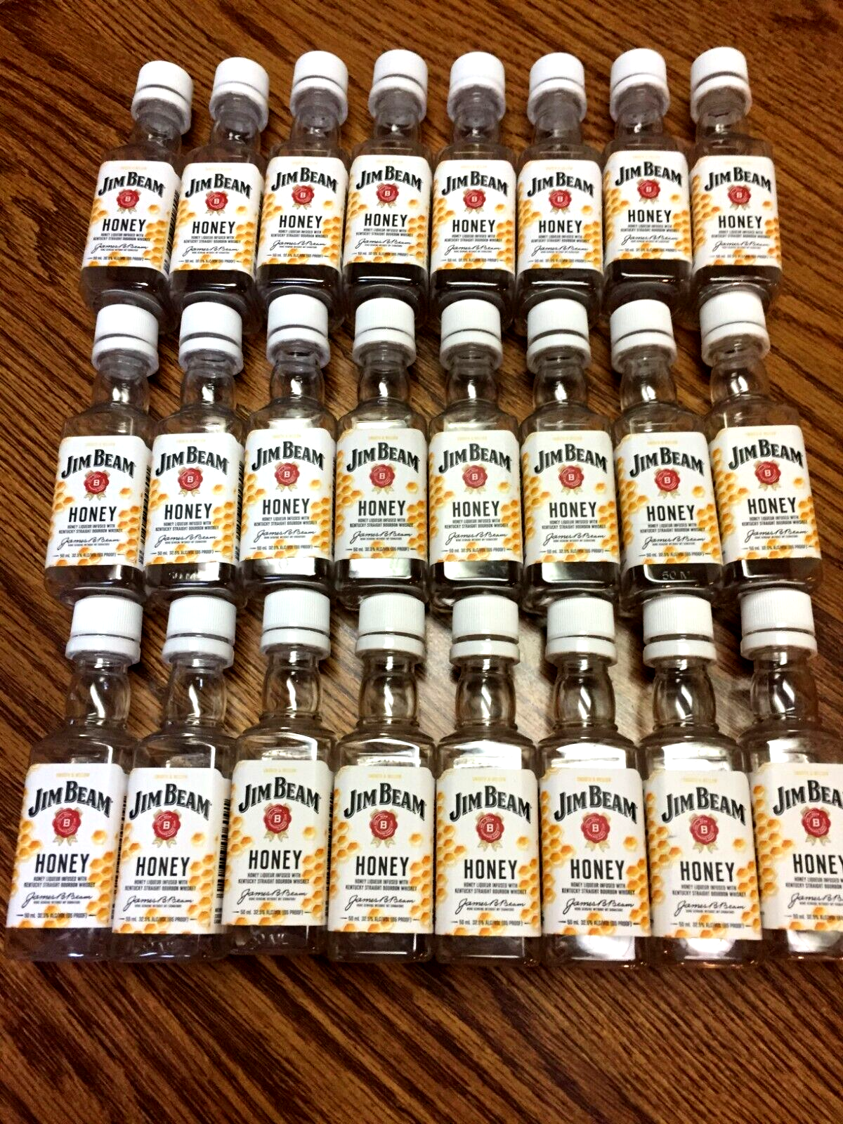 24 Jim Beam Honey Whiskey 50 ML Empty Plastic Bottles with Lids (White Labels)