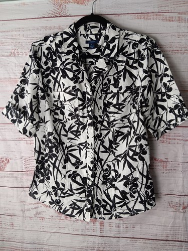 Westbound Blouse Women's 8 Tropical Floral Black/White  Linen Lagenlook