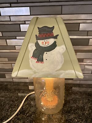 Glass Mason Jar Lamp, Night Light, Hand Painted Green Wood Shade, Snowman Vtg