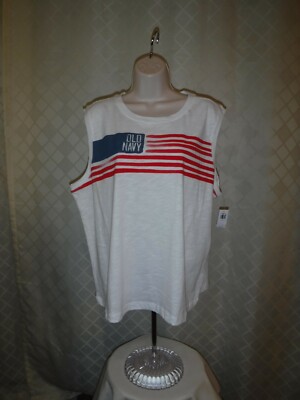 Sleeveless Crewneck T-Shirts XXL,XL,L,Old Navy White Red Striped/Blue 100% cotto