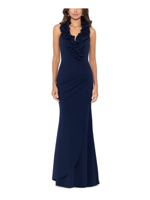 Женское темно-синее платье XSCAPE с искусственной юбкой-запахом на подкладке без рукавов в полный рост 4