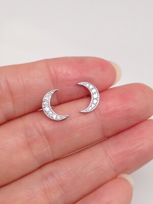 925 Sterling Silver Tiny Cz Crescent Moon Stud Earrings Moon Studs 9.5mm(0.37'')