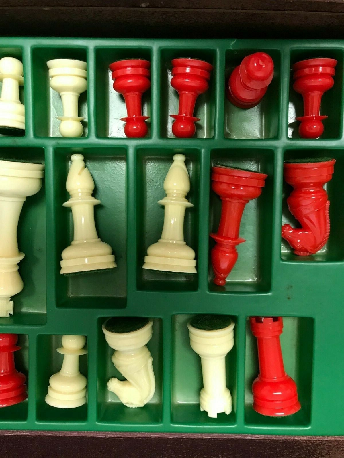 vintage Lowe chess plastic red / white pieces + box but NO BOARD comes with it