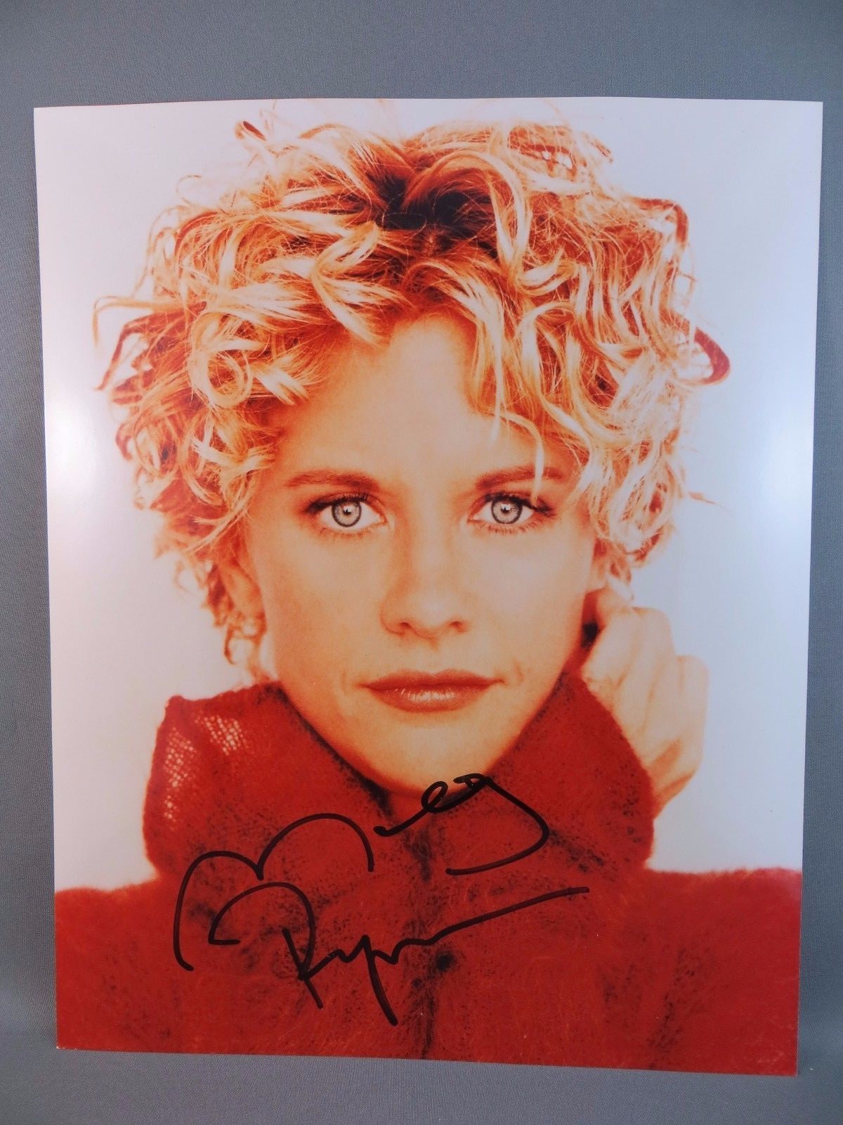 MEG RYAN Autographed/ Hand Signed Color 8x10 Vintage Photo Red Sweater #22