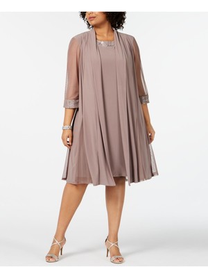 R&M RICHARDS Womens Beige 3/4 Sleeve Open Front Duster Cardigan Plus 14W
