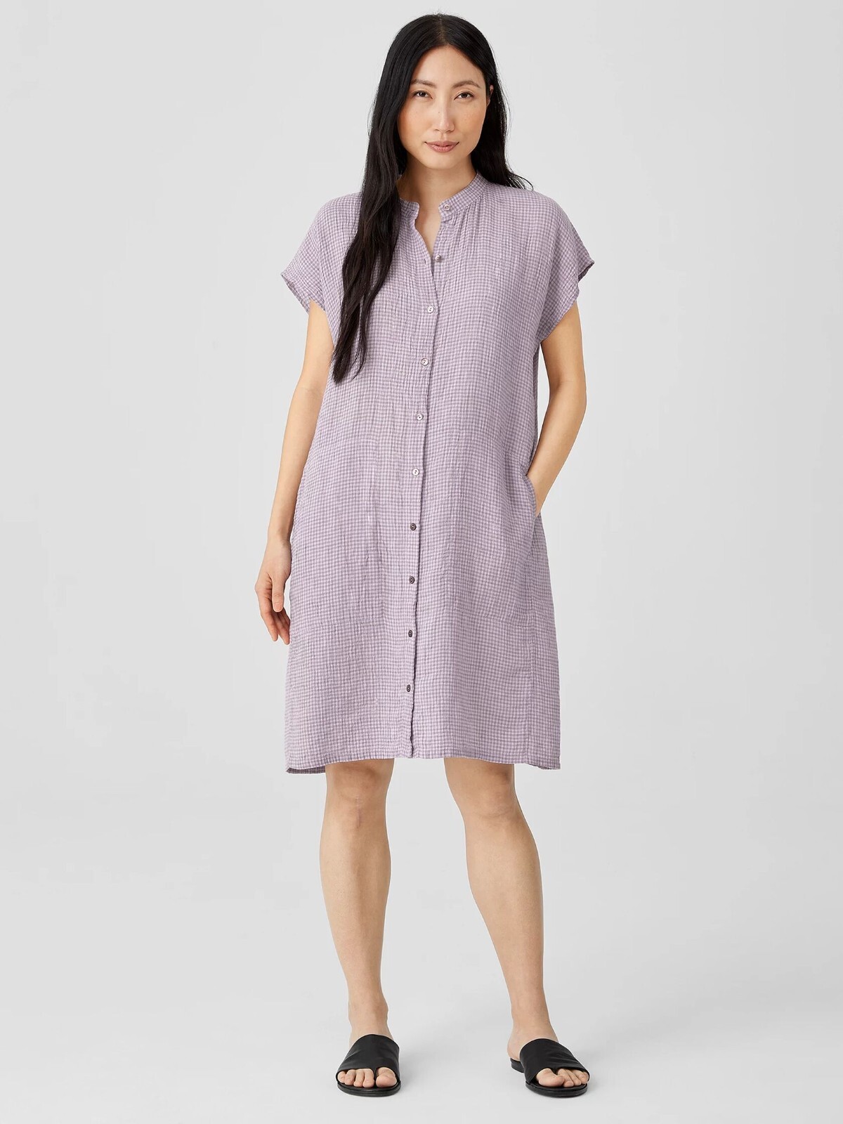 Pre-owned Eileen Fisher Size M, L, Xl Misty Lilac Puckered Organic Linen Dress In Purple