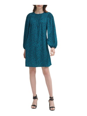 

DKNY Женское черное короткое вечернее платье с длинными рукавами и круглым вырезом со сборками, Черный