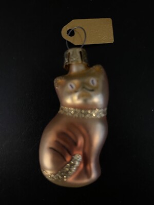 Discovery Channel Cat Christmas Mini Ornament Blown Glass Hand-painted Brass Tag