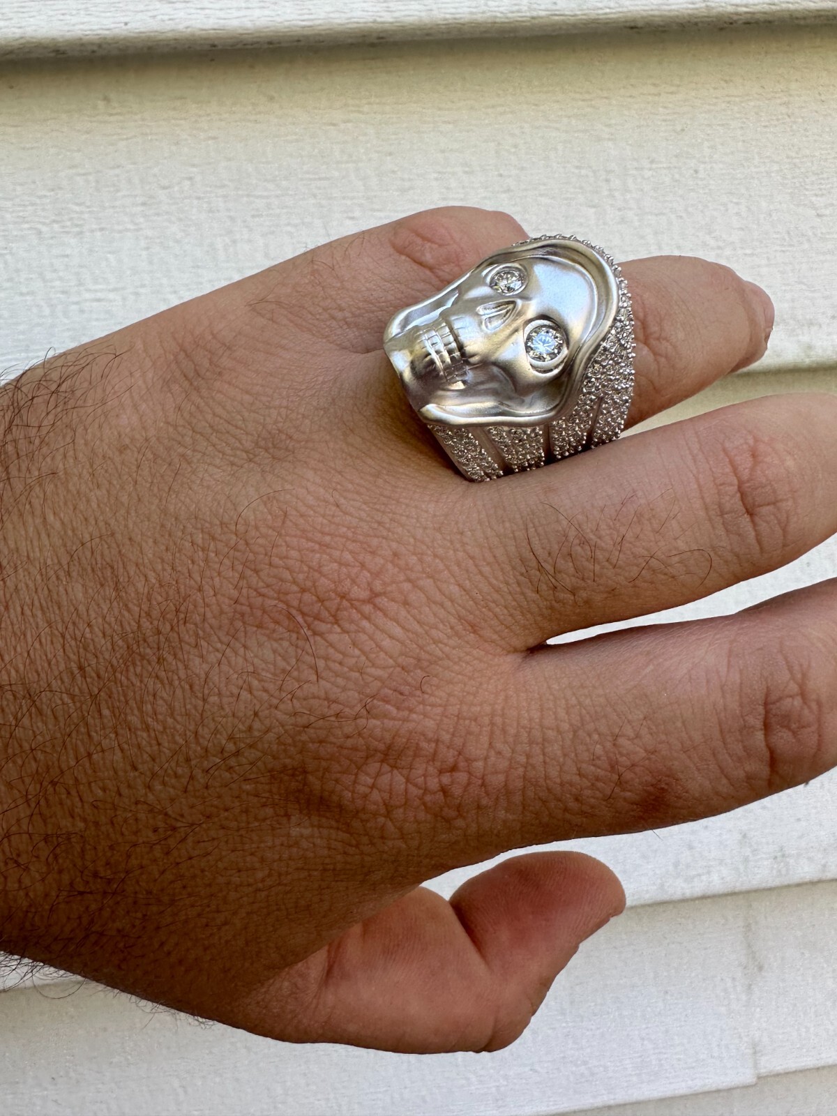 Pre-owned Silver Moissanite Iced Heavy Death Skull Ring Mens Real Solid Matte Finish 925  In White