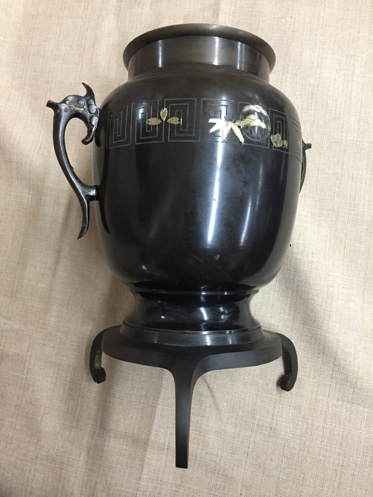 Deane Taylor Import Pewter & Brass Decor Vase or Open Urn on 3 Legged Pedestal