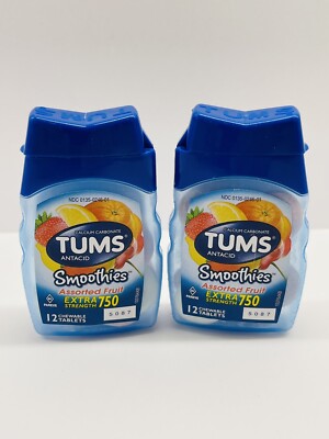 2 X TUMS Smoothies Extra Strength Assorted Fruit Antacid Chewable Tablets 12 Ct