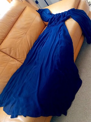 BNWT Oasis balloon sleeve off shoulder  chiffon navy maxi dress sz 10