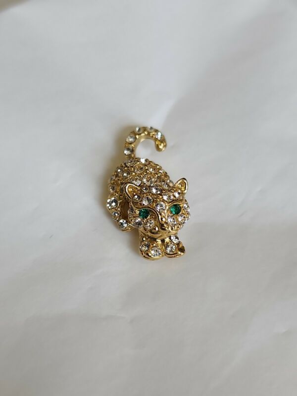 Jeweled Cat Lapel Pin Very Small Encrusted w/ Faux Diamonds Faux Emerald Eyes