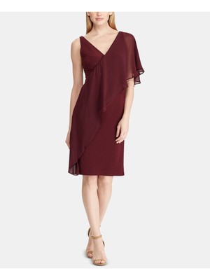 

RALPH LAUREN Женское бордовое коктейльное платье-футляр длиной до колена с V-образным вырезом и рюшами, Burgundy