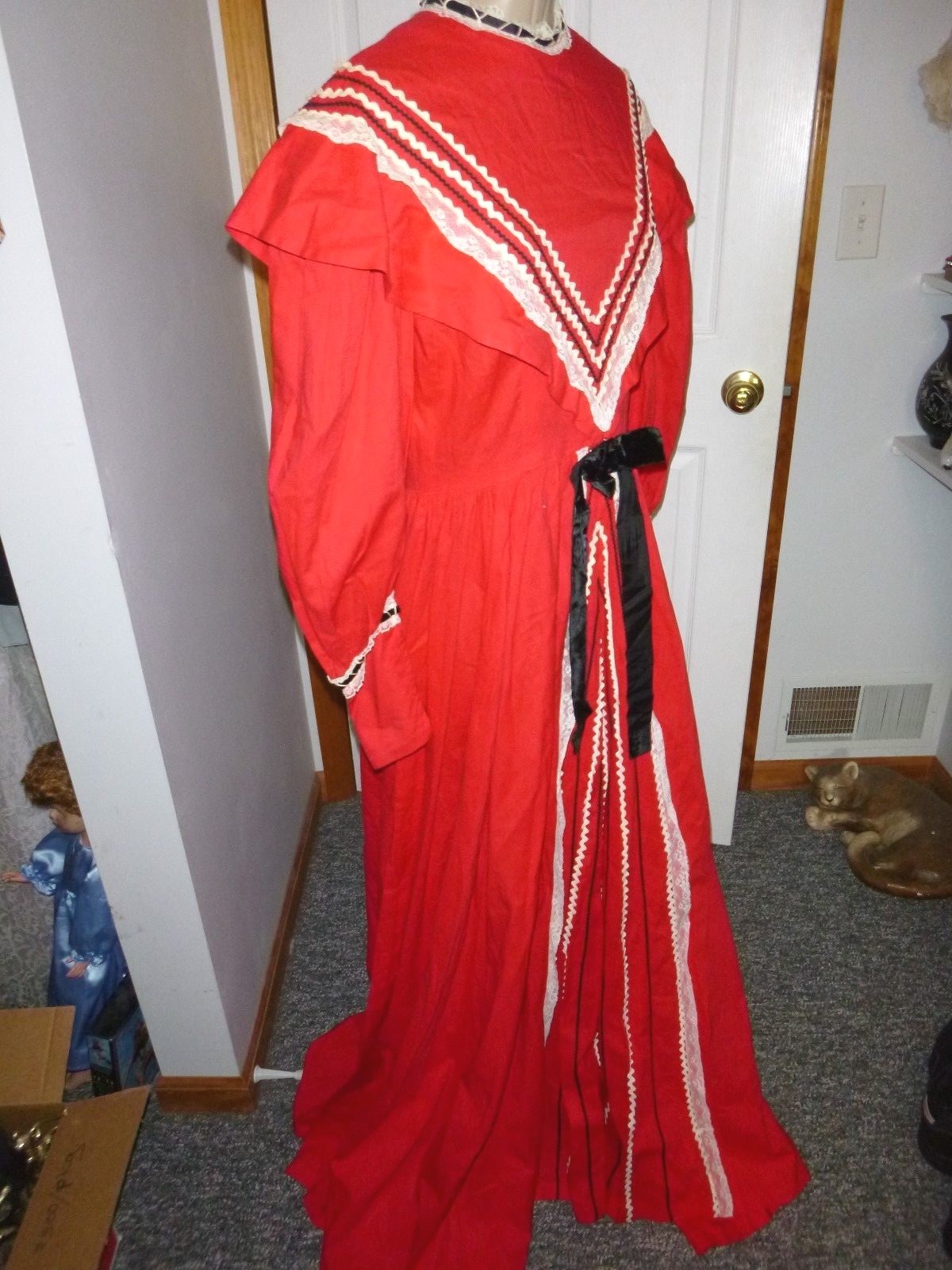 Vintage COLONIAL PRAIRIE PIONEER DRESS w BONNET & HANDBAG_Sz M_Handmade Red