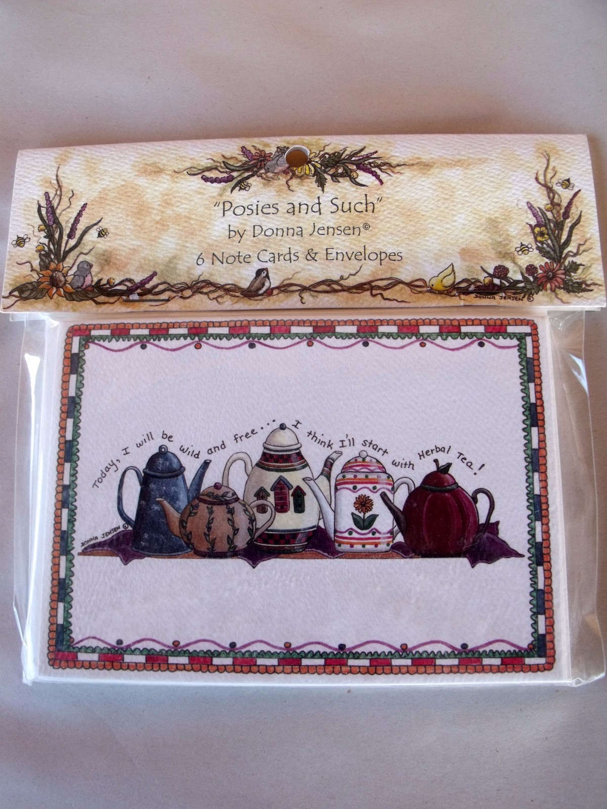 Pkge 6 Note Cards Env Posies & Such Donna Jensen Tea Pots Wild & Free Herbal Tea