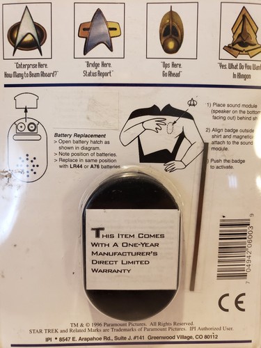 Star Trek  Next Generation Klingon Communicator Talking Sound Badge 1996 NEW! A