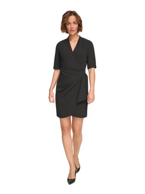 Женское черное драпированное платье DKNY с драпированной юбкой и коротким рукавом из искусственной кожи с запахом Petites 6P